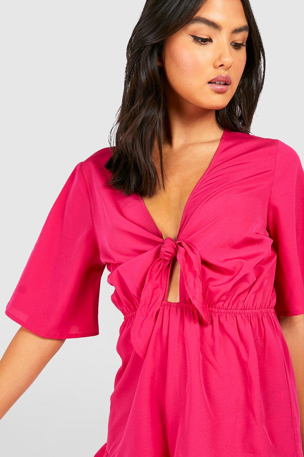 Red satin tie front kimono sleeve playsuit online